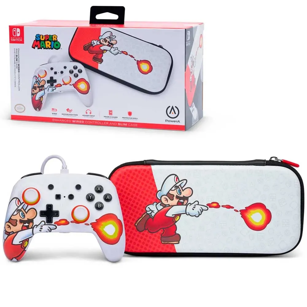 Kit PowerA Controle com fio Enhanced + Case Slim para Nintendo Switch - Mario Fireball - Nintendo Switch
