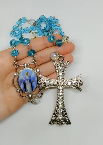 Terço Nossa Das Graças 10mm Cruz Noiva Strass Theco Preciosa Imagem