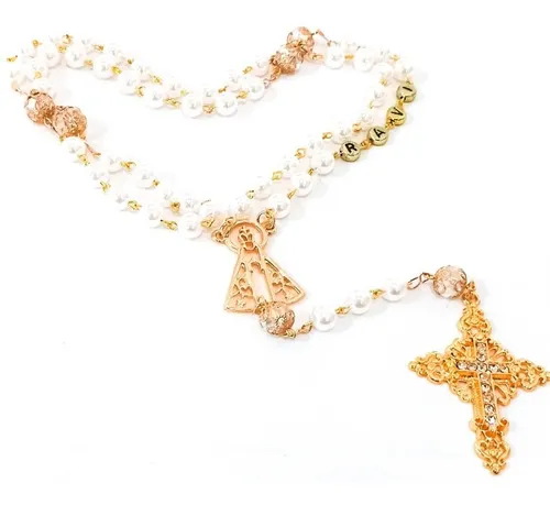 Terço Até 5 Nomes Personalizado Aparecida Dourado Pérolas Imagem