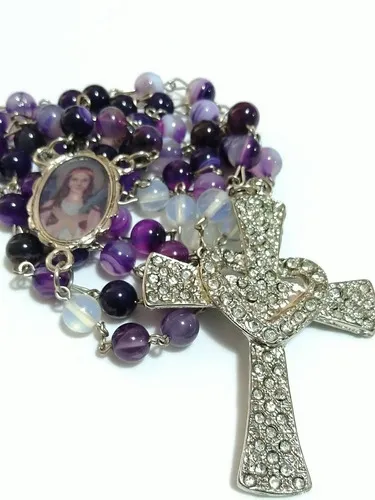 Terço Santa Filomena Ágata Roxa E Cruz Coração Strass Theco Imagem