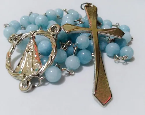 Terço De Aquamarine Rolada 8mm Nossa Senhora Aparecida Colar