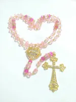 Terço De Noivas Imaculado Coração Maria Cristal Rosa Dourado - Foto 4