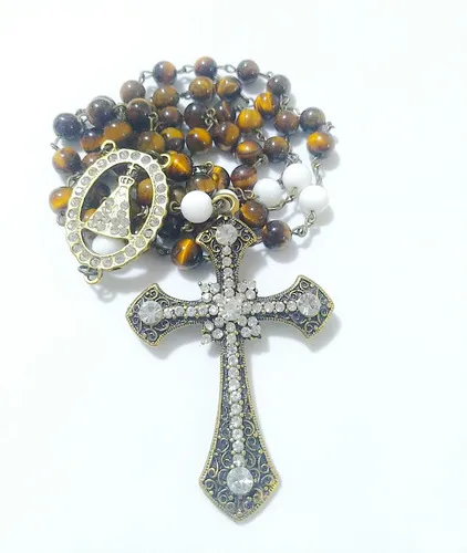 Terço Nossa Senhora Aparecida em Olho De Tigre e Quartzo 8mm