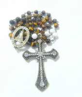 Terço Nossa Senhora Aparecida em Olho De Tigre e Quartzo 8mm