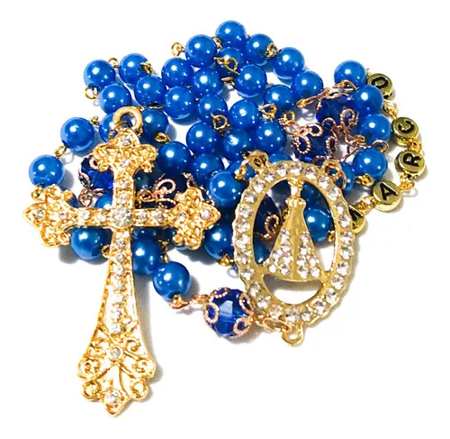 Terço Nome Personalizado Dourado Pérola Azul Ate 5 Nomes Imagem