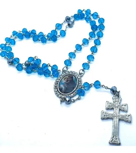 Terço Santo Antônio Cristal Azul Prateado 8mm Com Relicário 