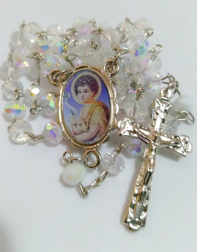 Terço São João Batista Cristal 8mm Cruz Strass Theco  Imagem