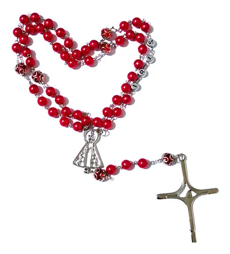 Terço Com Nome Personalizado Aparecida  Pérola Vermelha 8mm Imagem