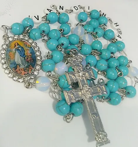 Terço Personalizado Com Nome Imaculada Conceição Turquesa