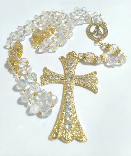 Terço Nossa Senhora Aparecida 10mm Dourado Cravejado estilo Noiva