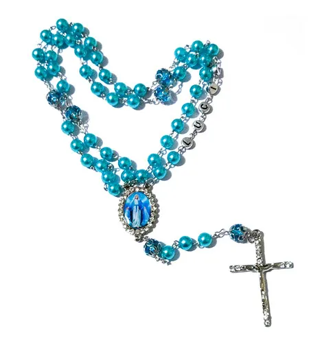 Terço Com Nome Personalizado Ns Das Graças Pérolas Azul 8mm Imagem