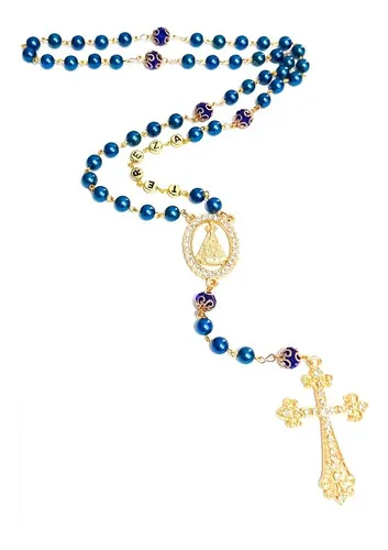 Terço Nome Personalizado Dourado Pérola Azul 8mm Cruz Strass Imagem