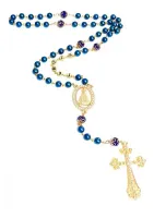 Terço Nome Personalizado Dourado Pérola Azul 8mm Cruz Strass