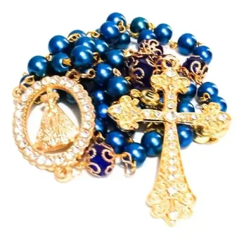 Terço Nome Personalizado Dourado Pérola Azul 8mm Cruz Strass - Foto 2