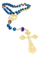 Terço Nome Personalizado Dourado Pérola Azul 8mm Cruz Strass - Foto 3