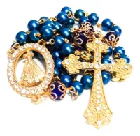 Terço Nome Personalizado Dourado Pérola Azul 8mm Cruz Strass - Foto 5