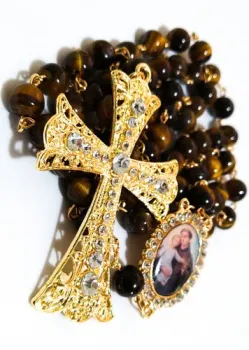 Terço Santo Antonio Dourado Em Olho De Tigre 8mm Noivas  - Foto 2