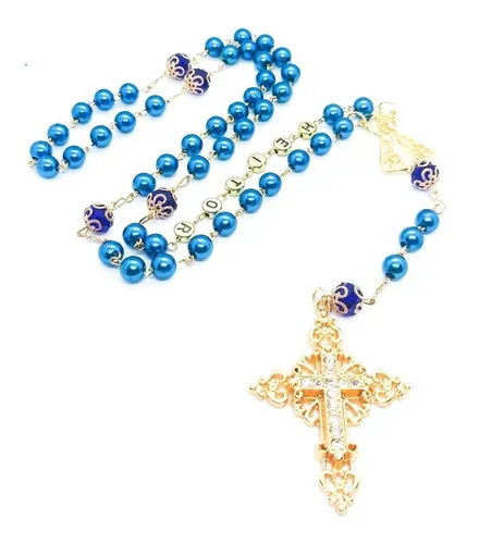 Terço Azul Personalizado Com Nome Em Dourado De Aparecida Imagem