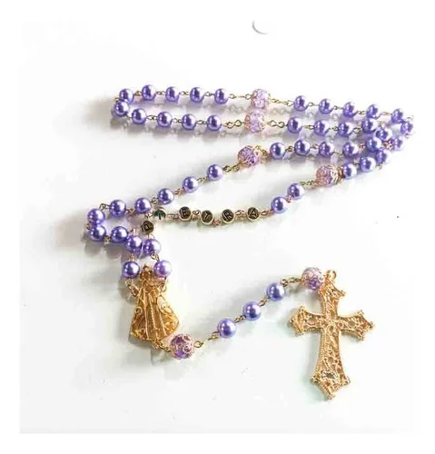 Terço  Aparecida Pérolas Lilas Personalizado Com Nome Imagem