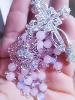 Terço Noiva Quartzo Rosa Sagrado Coração De Maria Exclusivo - Foto 2