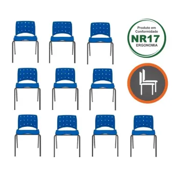 Kit com 10 unidades Cadeira Empilhável Ergoplax Slim  Cor Azul com Estrutura Fixa 4 Pés em Aço Cor Preta