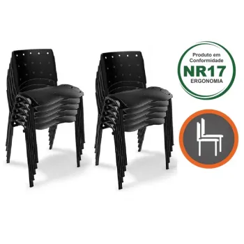 Kit com 10 unidades Cadeira Empilhável Ergoplax Cor Preta com Estrutura Fixa 4 Pés em Aço Cor Preta