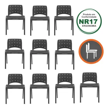 Kit com 10 unidades Cadeira Empilhável Ergoplax Assento Estofado Cor Preta e Estrutura Fixa 4 Pés em Aço Cor Preta