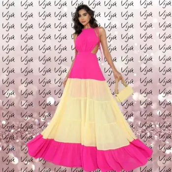 Vestido de festa longo bicolor