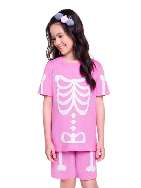 Pijama Fantasia - Esqueleto - Brilha no Escuro - Rosa - Verão - Feminino Imagem