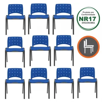 Kit com 10 unidades Cadeira Empilhável Ergoplax  Cor Azul e Estrutura Fixa 4 Pés em Aço Cor Preta