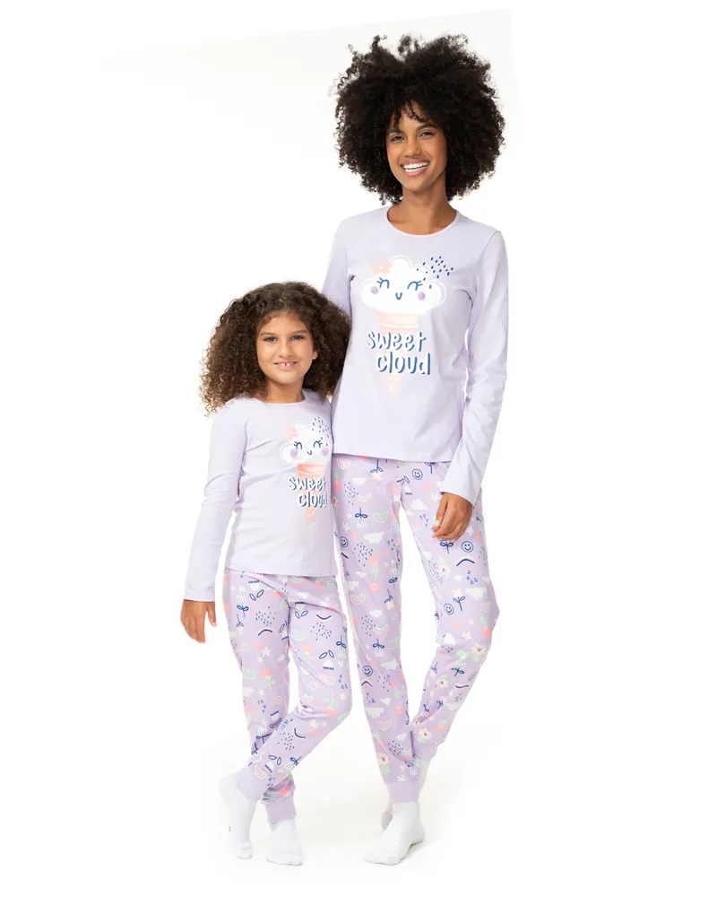 Pijama Sorvetinho - Mãe e Filha - Brilha no Escuro - Roxo - Meia Estação - Tamanho Adulto