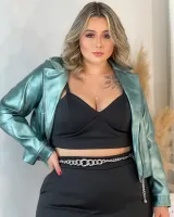Jaqueta Couro Eco Maria Francia Verde Metalizado - Foto 2