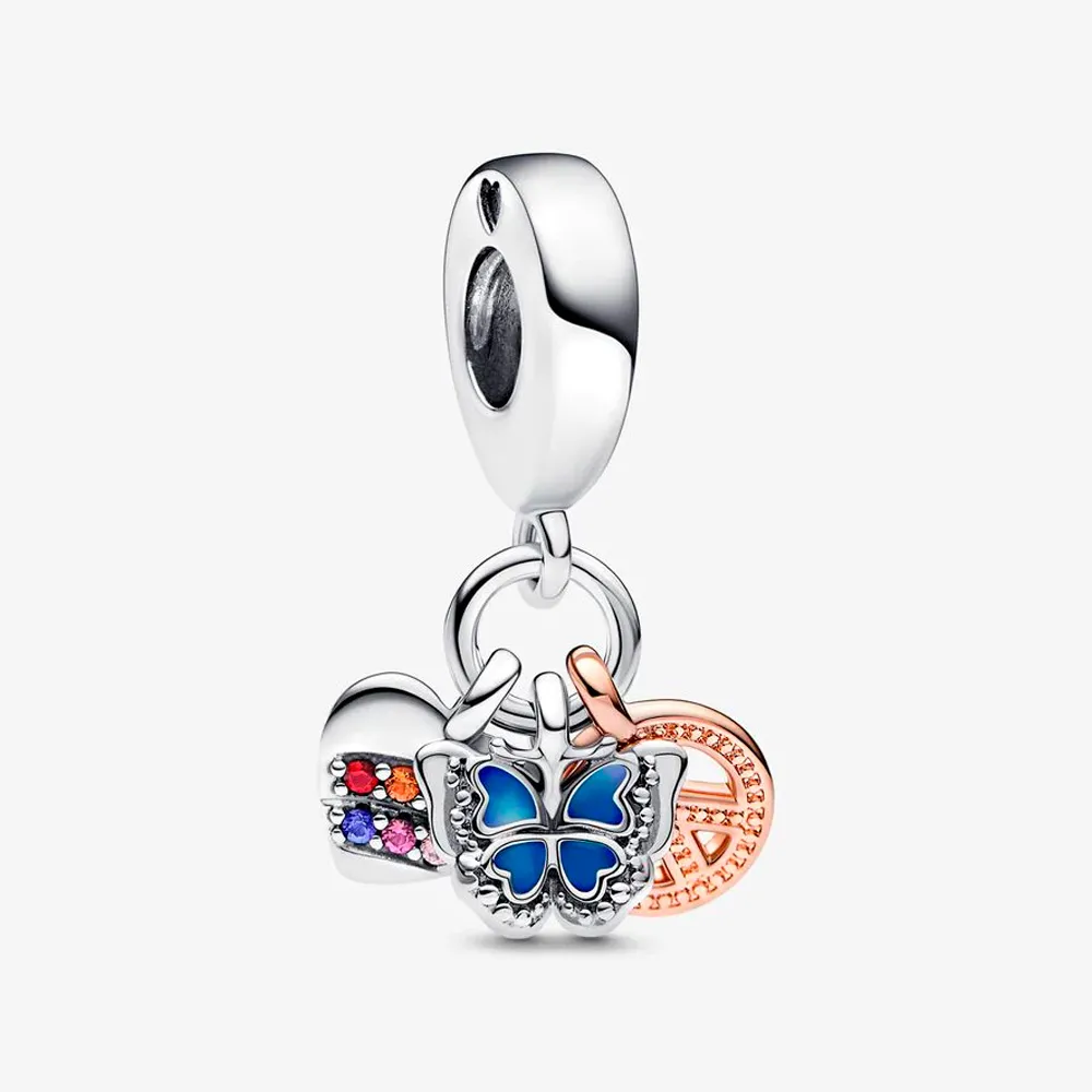 Berloque triplo coracao arco iris borboleta paz – em Prata925