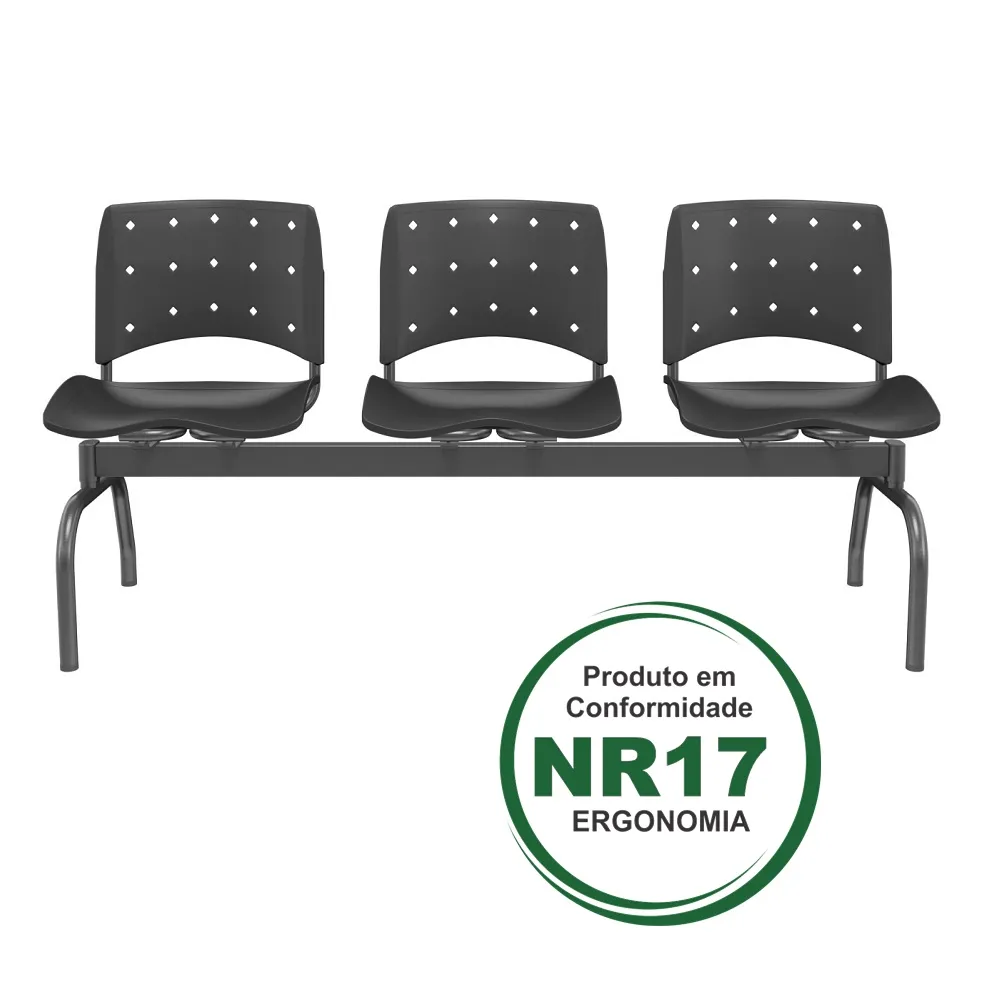 Longarina Ergoplax 3 Lugares Cor Preta e Estrutura Metálica Cor Preta