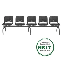 Longarina Ergoplax  5 lugares Estrutura Metálica com Assento e Encosto Cor Preta