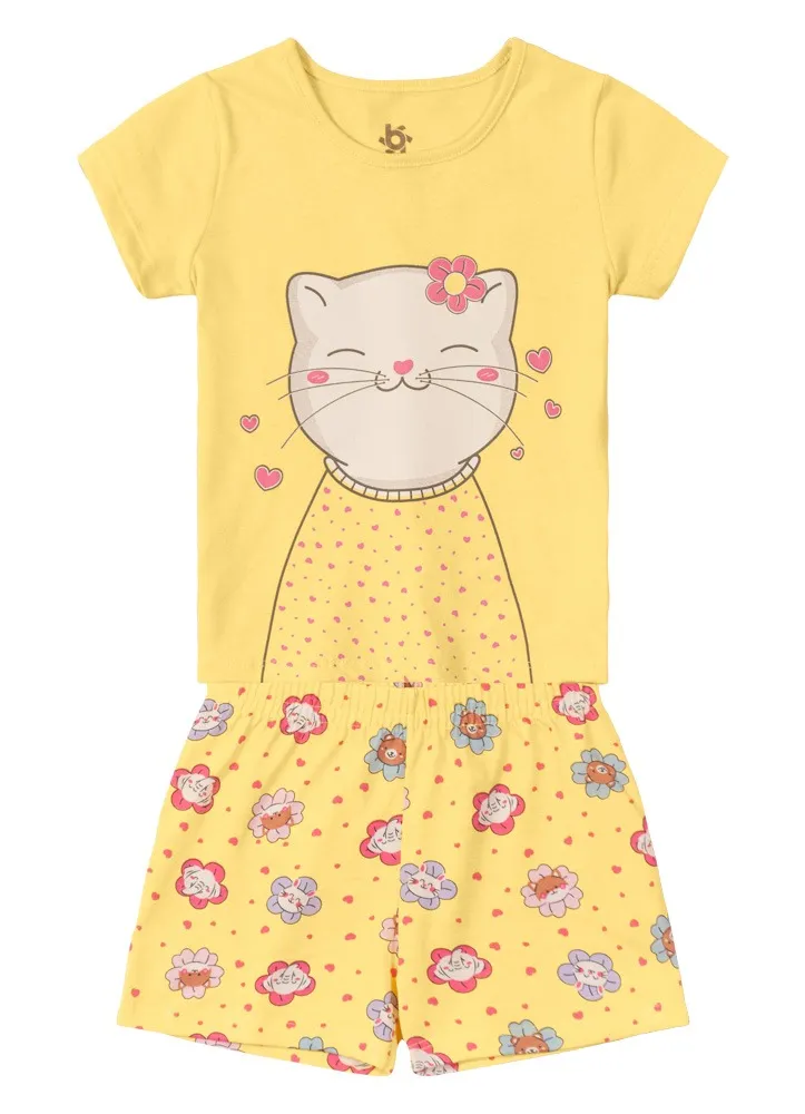 Pijama Gatinho - Brilha no Escuro - Amarelo - Verão
