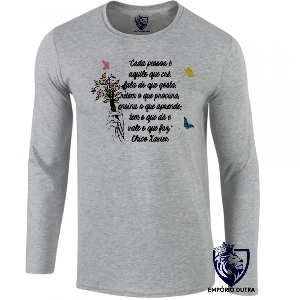 Camiseta manga longa Infantil ou Adulto Frase Chico Xavier espirita cada pessoa Imagem