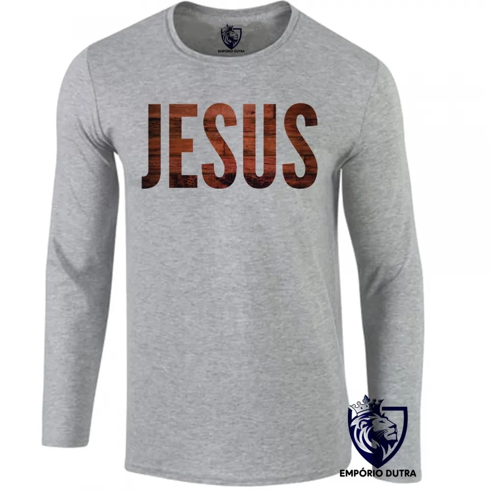 Camiseta manga longa Infantil ou Adulto Jesus Cristo DEUS madeira YESHUA Imagem