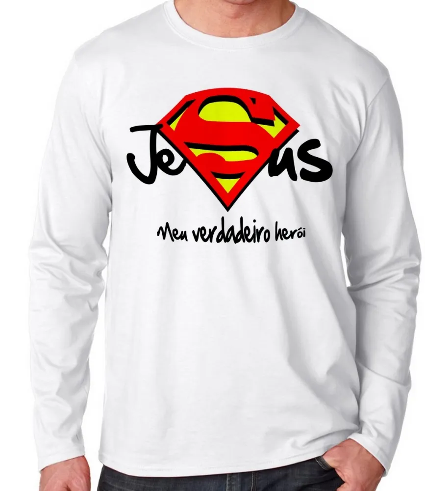 Camiseta manga longa Infantil ou Adulto Jesus cristo verdadeiro Herói superman Imagem
