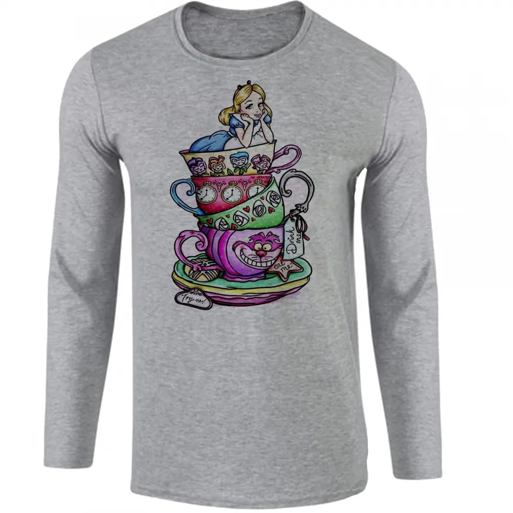 Camiseta manga longa Infantil ou Adulto Alice e gato no pais das maravilhas