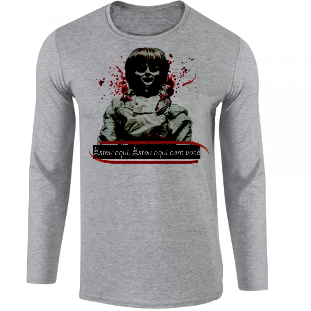 Camiseta manga longa Infantil ou Adulto Annabelle filme terror boneca