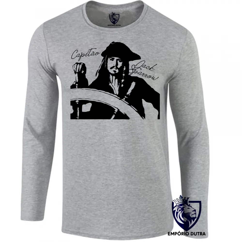 Camiseta manga longa Infantil ou Adulto Capitão Jack Sparrow pirata caribe Imagem