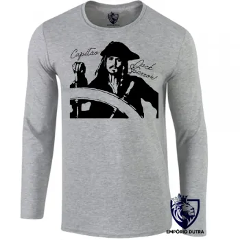 Camiseta manga longa Infantil ou Adulto Capitão Jack Sparrow pirata caribe