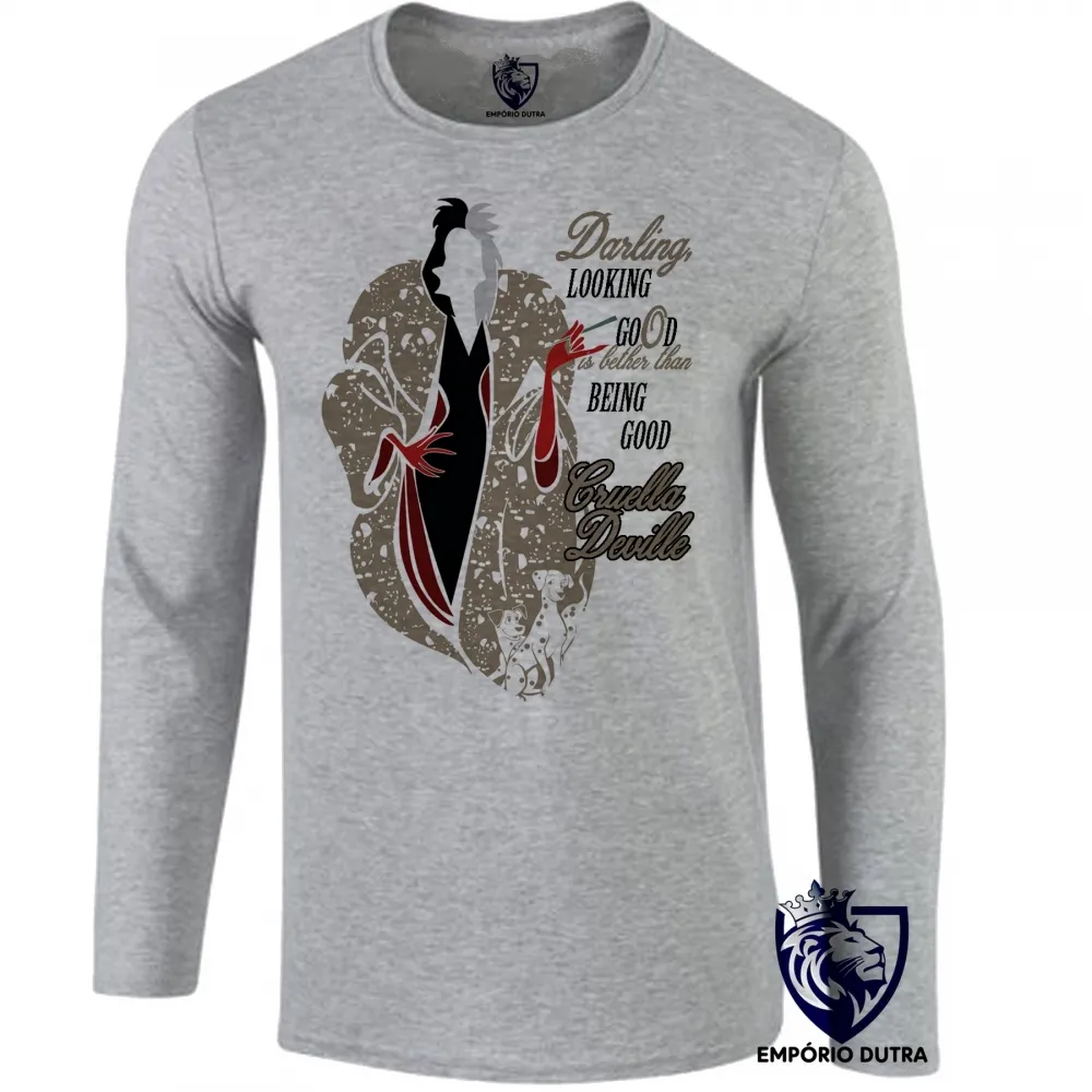 Camiseta manga longa Infantil ou Adulto Cruella Devil Looking 101 dalmatas good