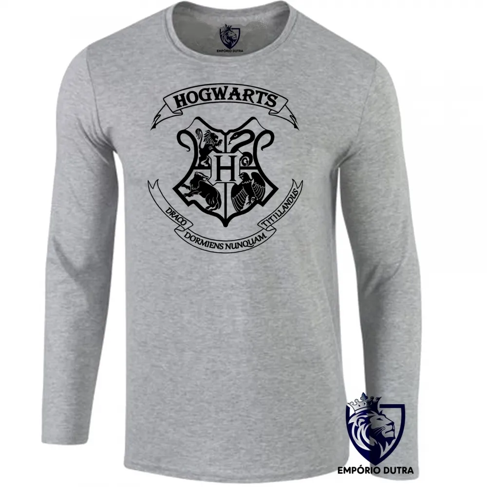 Camiseta manga longa Infantil ou Adulto Hogwarts harry potter símbolo preto