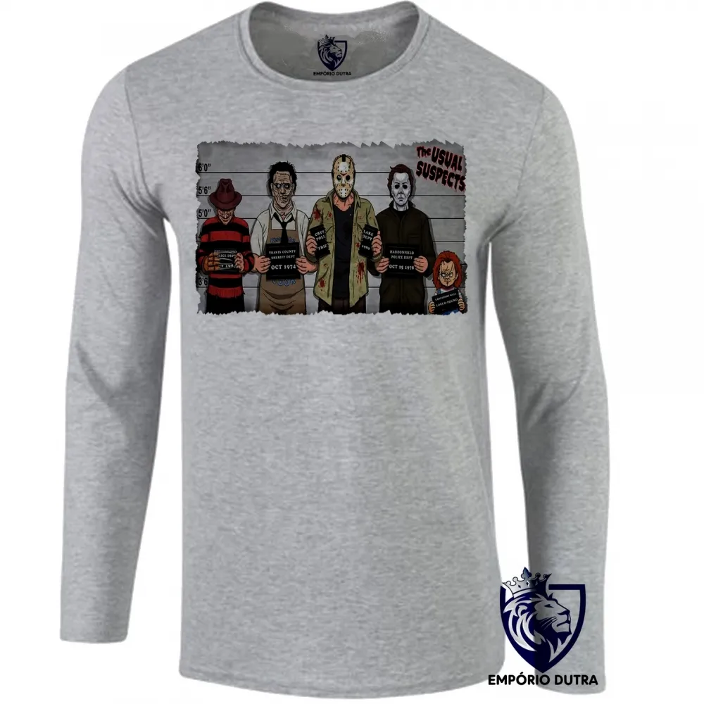 Camiseta manga longa Infantil ou Adulto jason chuck Freddy Krueger Massacre da Serra Elétrica Halloween vilões