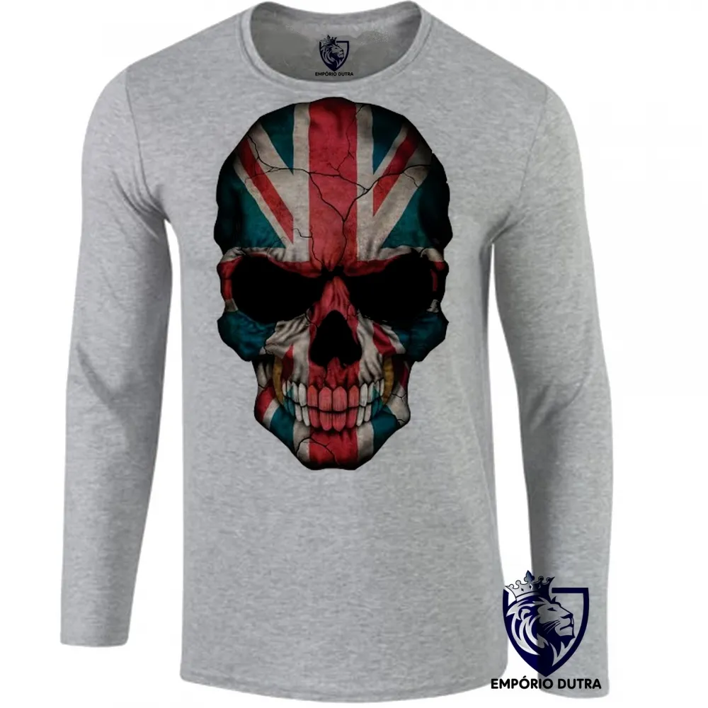 Camiseta manga longa Infantil ou Adulto justiceiro caveira inglaterra bandeira