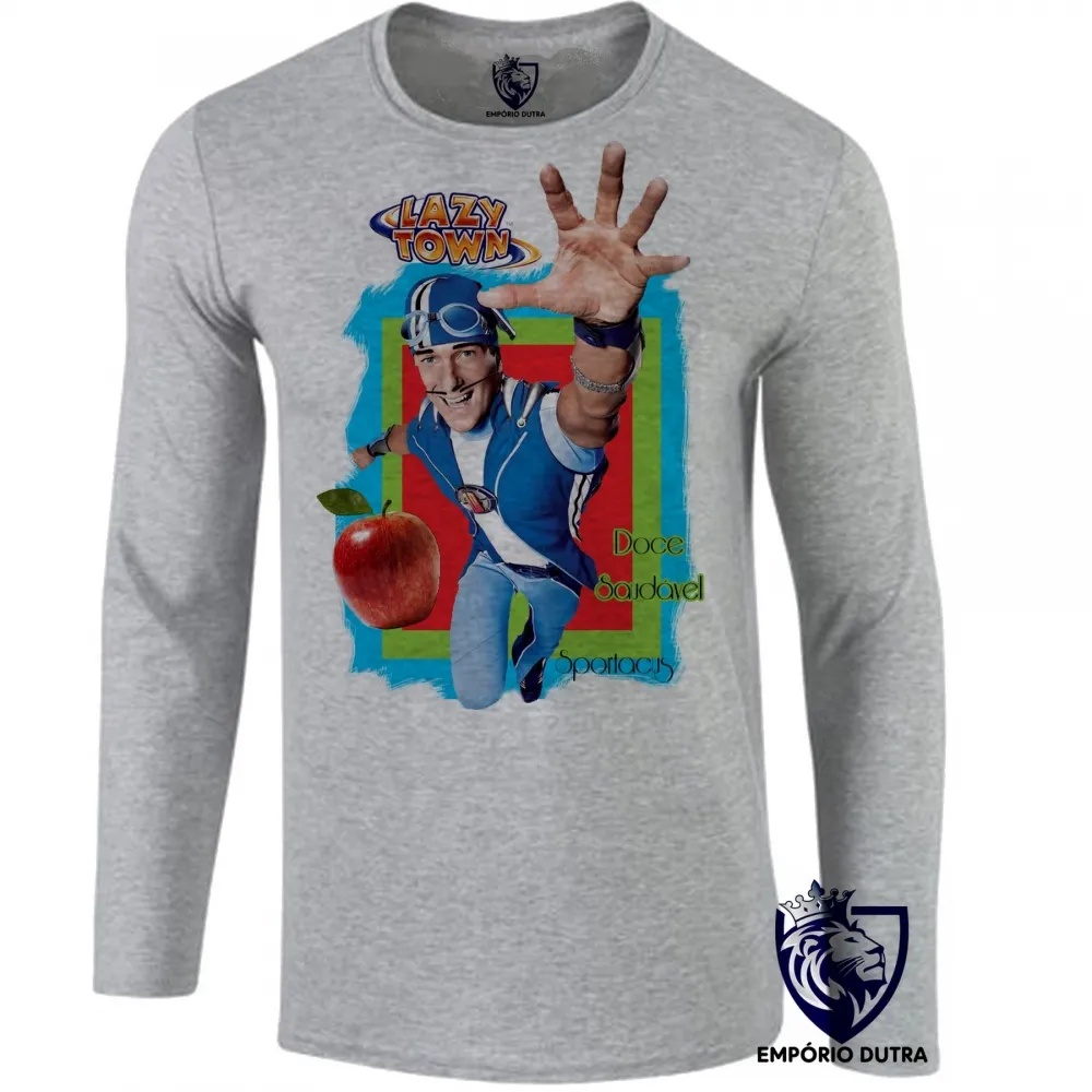 Camiseta manga longa Infantil ou Adulto Lazy Town Sportacus maçã saudavel Imagem