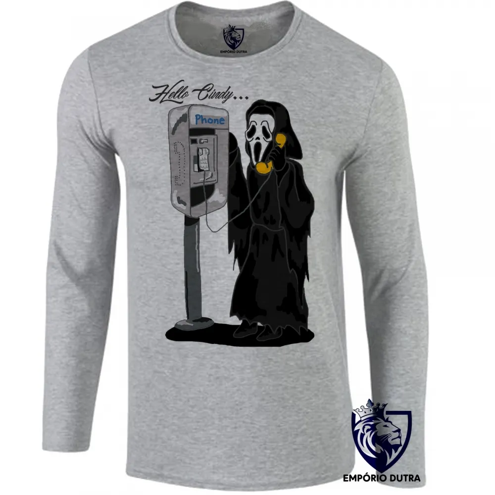 Camiseta manga longa Infantil ou Adulto Pânico terror Hello Cindy telefone orelhão Imagem