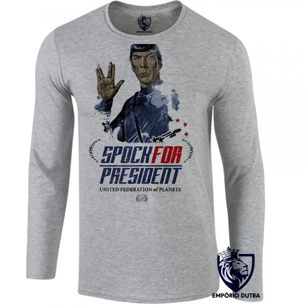 Camiseta manga longa Infantil ou Adulto Spock presidente Star trek